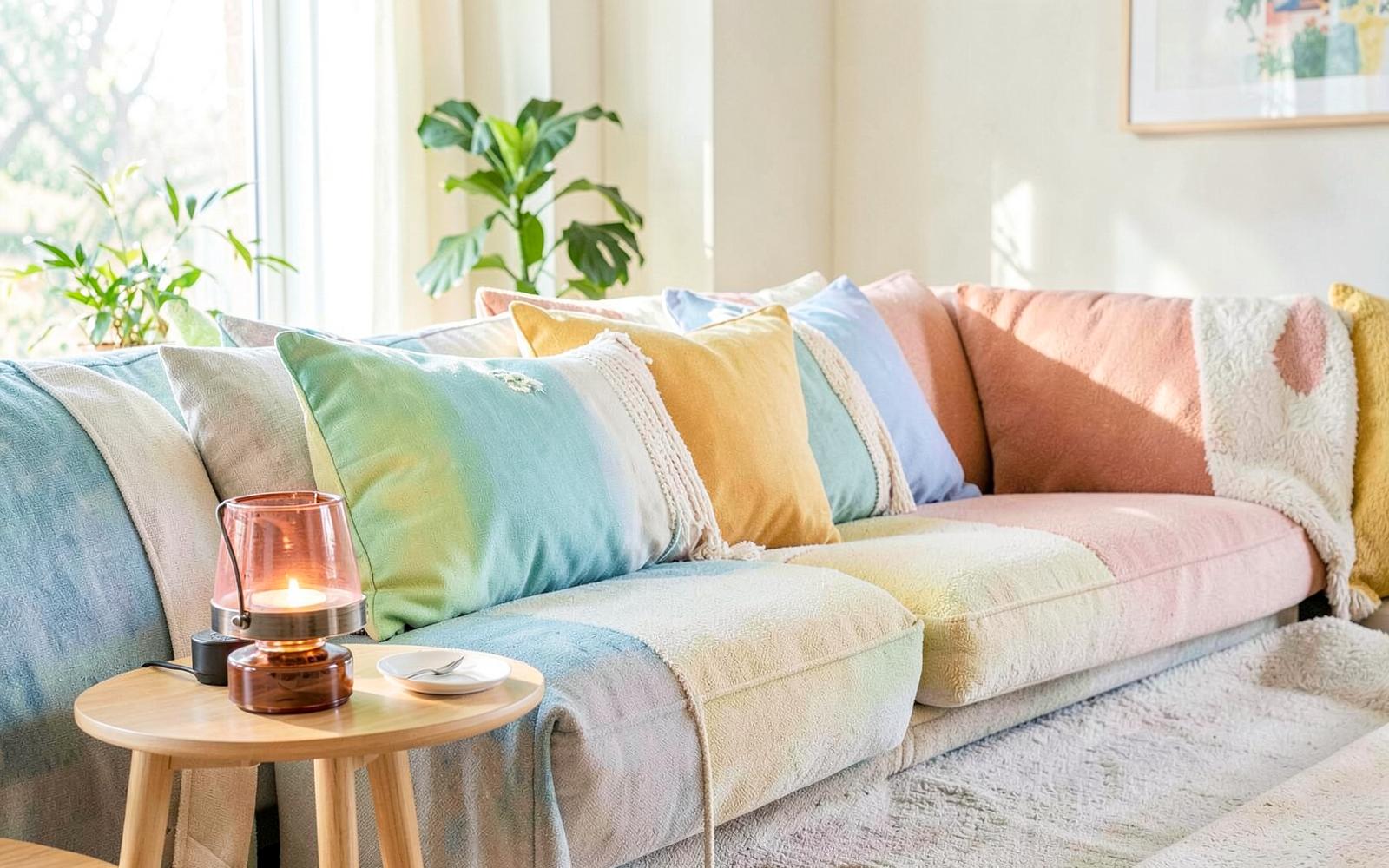 Bright colourful living room with a wax melt burner on a side table